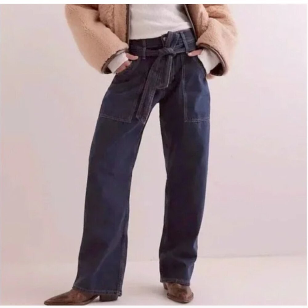 Free People Blue Jay Belted Boyfriend Jeans Baggy size 27 NWT - Picture 2 of 13